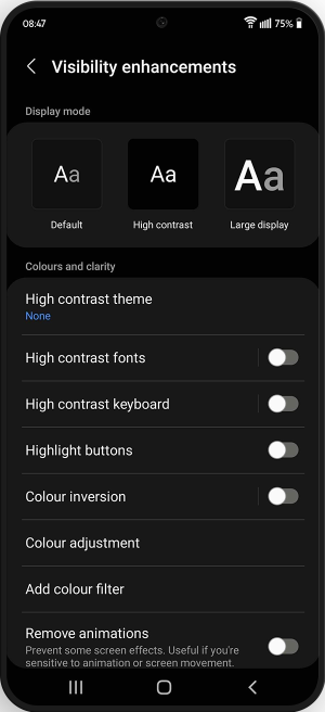 Enable or disable toggles for High contrast fonts, high contrast keyboard, highlight buttons and colour inversion