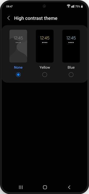 Choose between no contrast theme, yellow or blue.