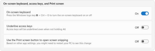 Screenshot of the on-screen keyboard toggle in the keyboard panel of the accessibility menu. 
