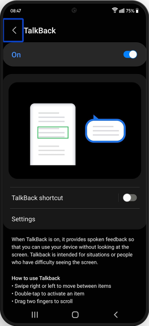 Toggle to enable Talkback.