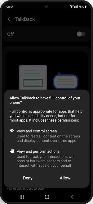 Pop-up message asking permission for talkback to have full control of phone. Option to allow or deny permission.