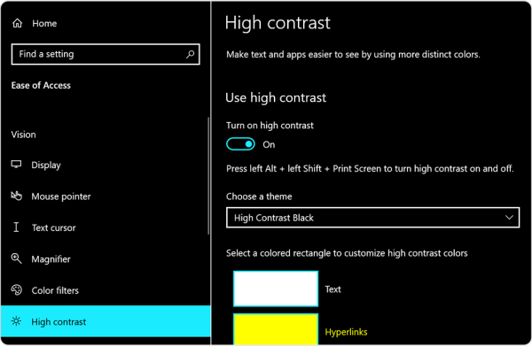 Toggle switch for High Contrast that is currently on.