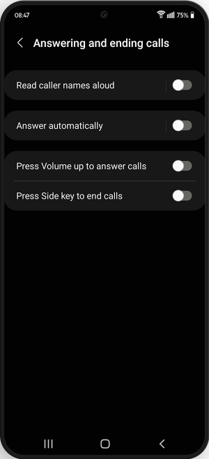 Options to enable reading caller names aloud, answer automatically, press volume up to answer and press the side key to end calls.