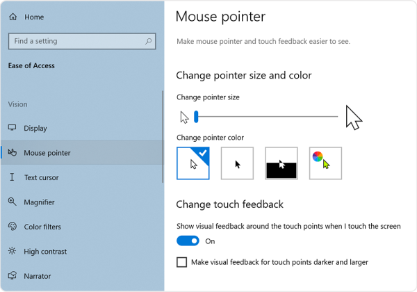 Screenshot of a slider in-between a smaller mouse pointer and a bigger one, displaying the current size of the device's mouse pointer.