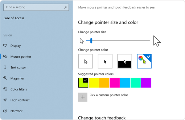 Screenshot of four colour options for the mouse pointer, including white, black, inverted and customisable colour.