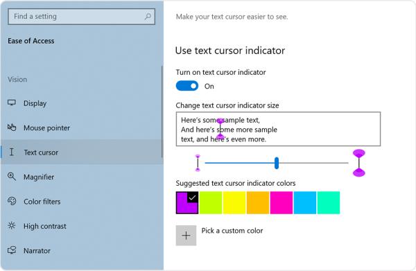 Screenshot of the text cursor indicator settings