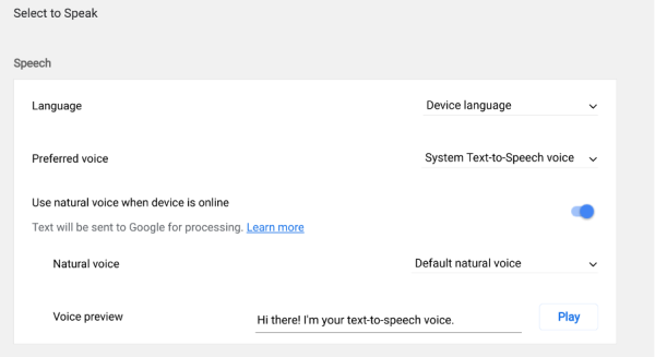 Screenshot of Text-to-Speech with “Enable Select to Speak” highlighted.