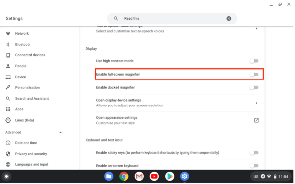 Screenshot of Display with “Enable full-screen magnifier” highlighted.