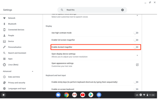 Screenshot of Display with “Enable Docked magnifier” highlighted.