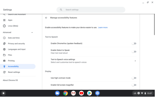 Screenshot of Chromebook setting page with Advanced selected.
