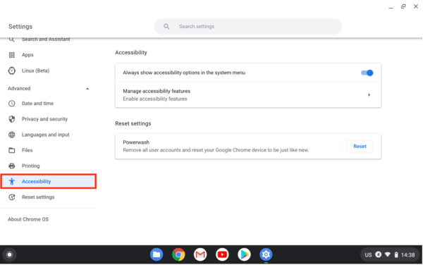Screenshot of Chromebook setting page with Accessibility highlighted.