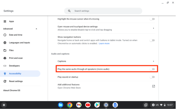 Screenshot of Audio and captions with “Play the same audio through all speakers (mono audio)” highlighted.
