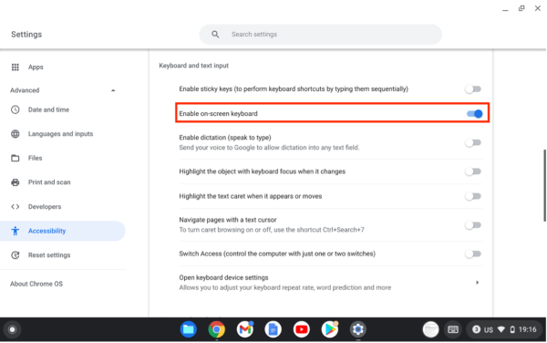 Screenshot of Keyboard and text input with “Enable on-screen keyboard” highlighted.