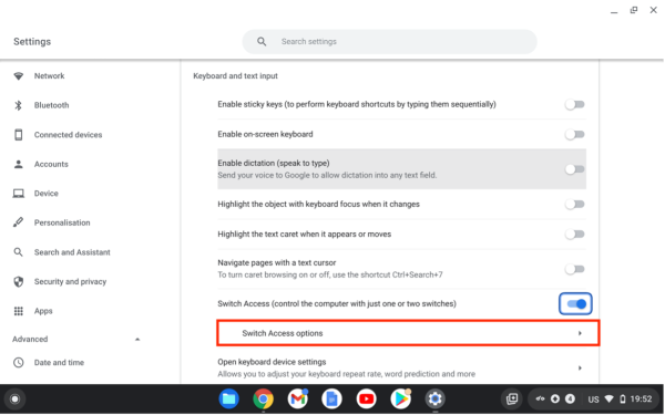 Screenshot of Keyboard and text input with “Switch Access options” highlighted.