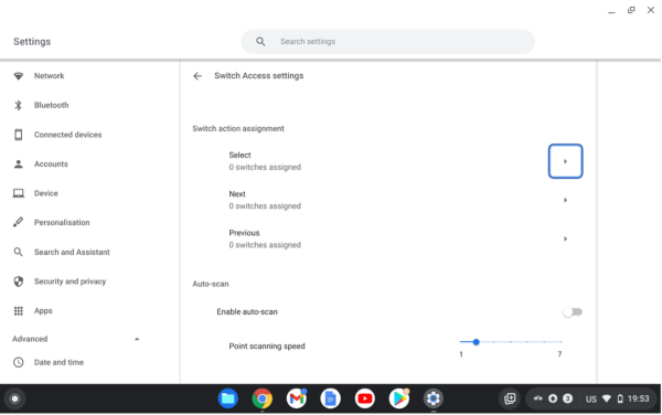 Screenshot of Switch Access settings menu