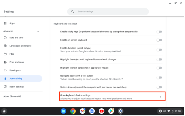 Screenshot of Keyboard and text input with “Open keyboard device settings” highlighted.