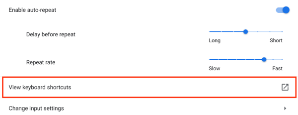 Screenshot of Enable auto-repeat with “View keyboard shortcuts” highlighted.