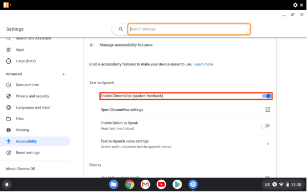 Screenshot of Text-to-Speech with “Enable ChromeVox (spoken feedback)” highlighted.