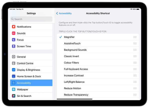 Magnifier selected from the list of accessibility shortcuts.