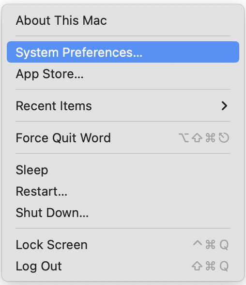 Screenshot of Apple menu with System Preferences highlighted.