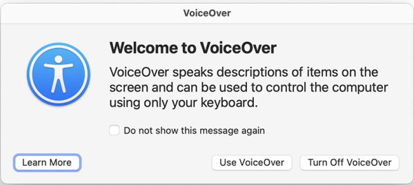 Screenshot of Welcome to VoiceOver pop-up menu prompting the user to use VoiceOver or switch it off.