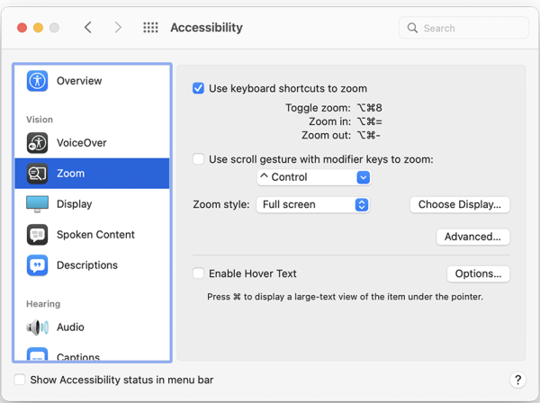 Screenshot of Zoom menu with “Use keyboard shortcuts to zoom” highlighted.