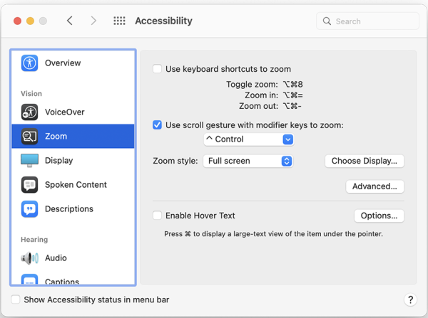 Screenshot of Zoom menu with “User scroll gesture with modifier keys to zoom” toggle on