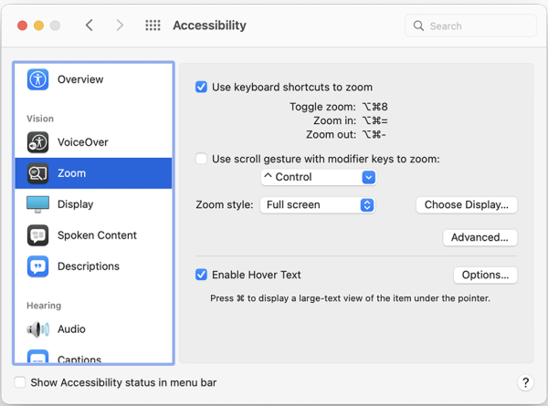 Screenshot of Zoom menu with “Enable Hover Text” selected