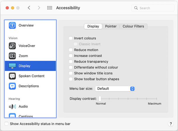 Display settings highlighted in the accessibility menu.