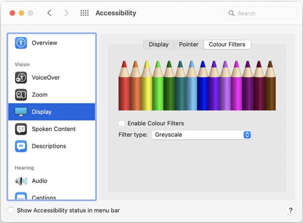 Screenshot of Display settings menu, with the Colour Filters tab open and "Enable Colour Filters" visible