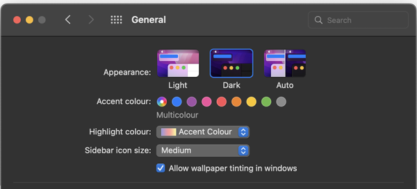 Screenshot of General settings menu with appearance mode options displayed