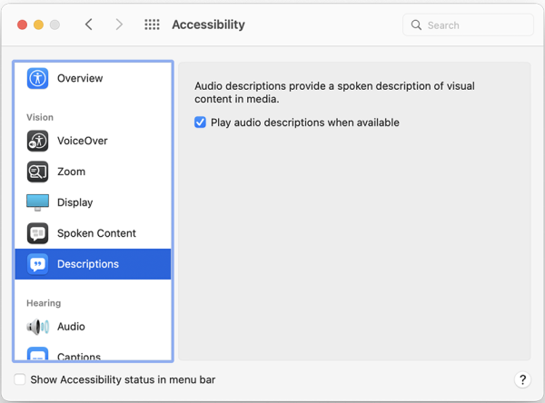Screenshot of Descriptions menu with “Play audio descriptions when available” selected.
