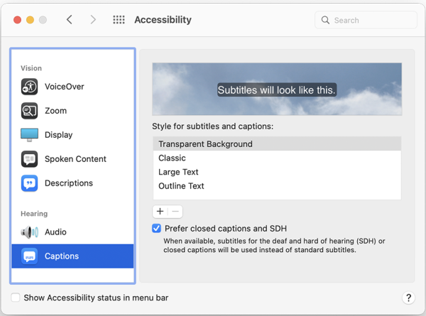 Settings under Captions in the accessibility menu.