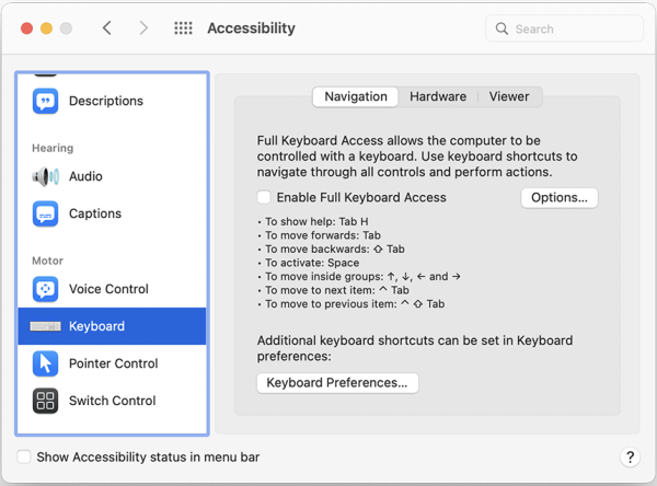 Keyboard features highlighted in the accessibility menu.