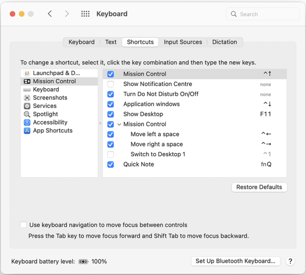 Screenshot of full list of shortcuts for keyboard.