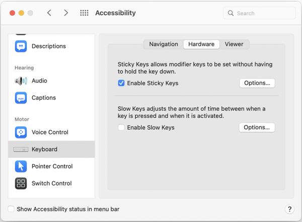 Screenshot of Keyboard menu with Hardware tab open, and "Enable Sticky Keys" selected.