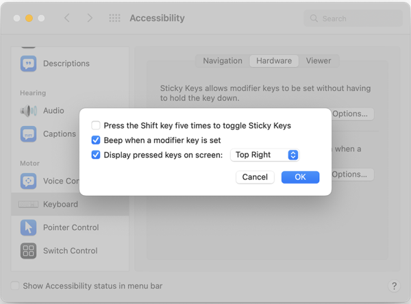 Settings under the sticky key options