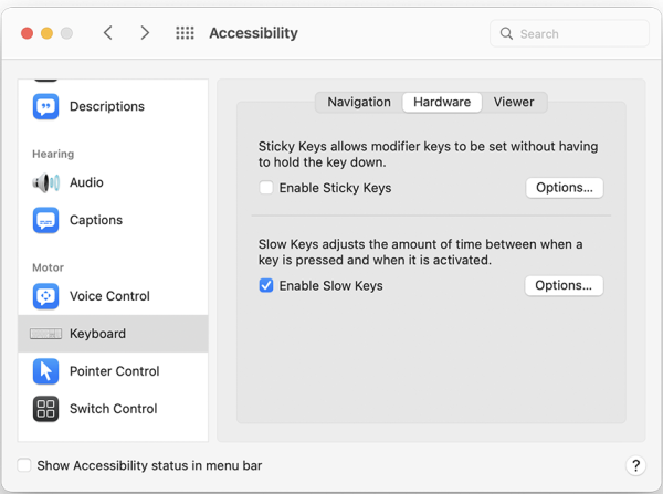 Screenshot of Keyboard menu with Hardware tab open, and "Enable Slow Keys" selected.