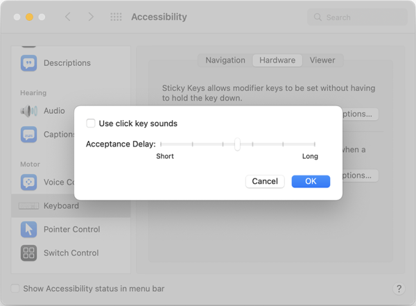 Settings for slow key options include use click key sounds and slider for acceptance delay.