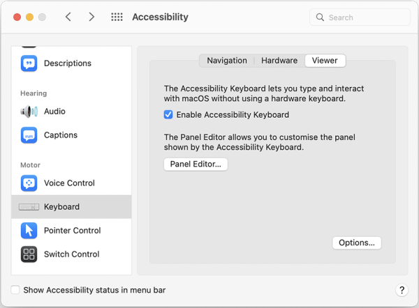 Screenshot of Keyboard Viewer with “Enable Accessibility Keyboard” selected.
