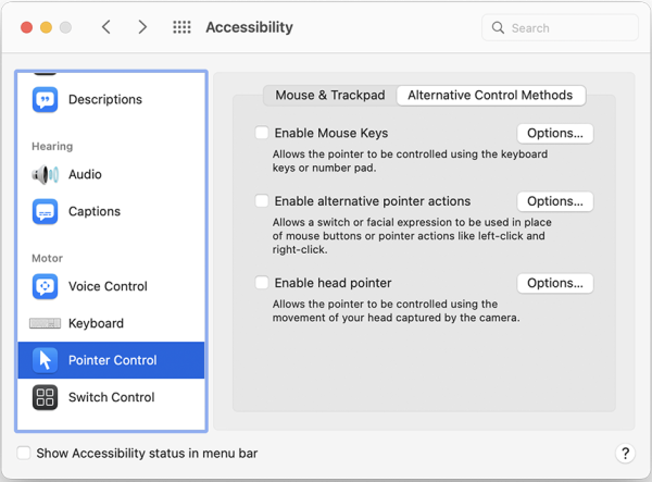 Screenshot of Pointer Control menu with the Alternative Control Methods tab open.