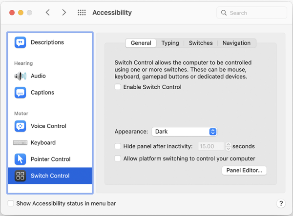 Switch control is highlighted in the accessibility menu.