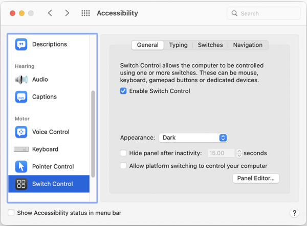 Screenshot of Keyboard menu with "Enable Switch Control" selected.