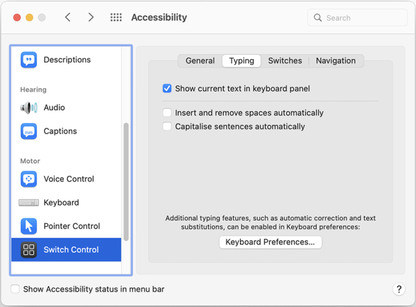 Screenshot of Switch Control Typing tab.