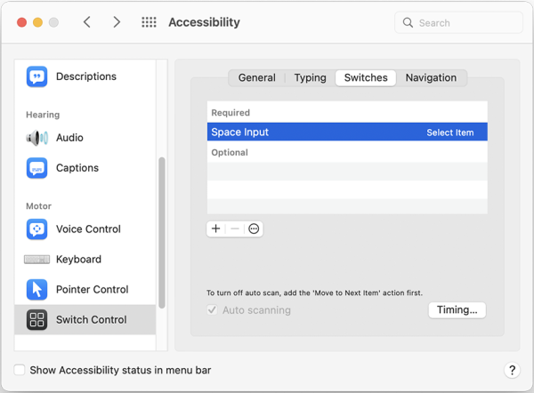 Screenshot of Switch Control Switches tab.