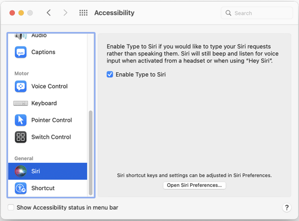 Screenshot of Keyboard menu with "Enable Type to Siri" selected.