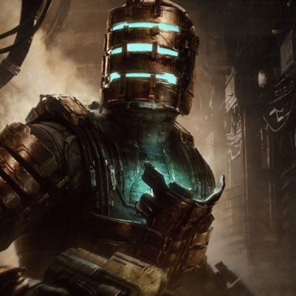 Image from Dead Space.  Dark setting with metallic robot with bright green lines in the helmet, background foggy with steam