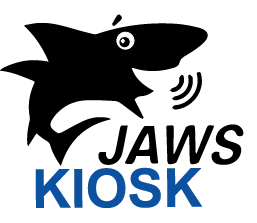 Logo of Jaws Kiosk, a smiling black shark curved above the words Jaws Kiosk.  