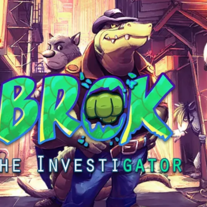 The gator lead character of the game stands confidently, wearing a hat and coat. In front of him is the title of the character in green, BROK The Investigator, with a gator fist in the middle of the letter O.