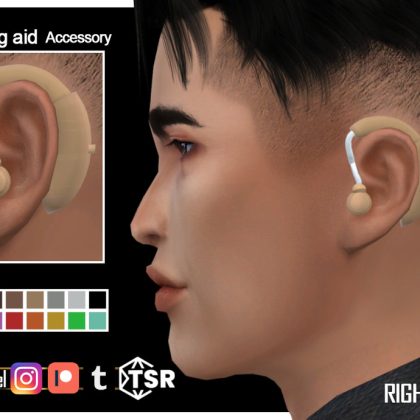 An Image of a Sim character, a male, facing left. He is wearing a hearing aid device. To his left, is a closer look of the hearing aid, and underneath is an assortment of colours the gamer can choose from.
